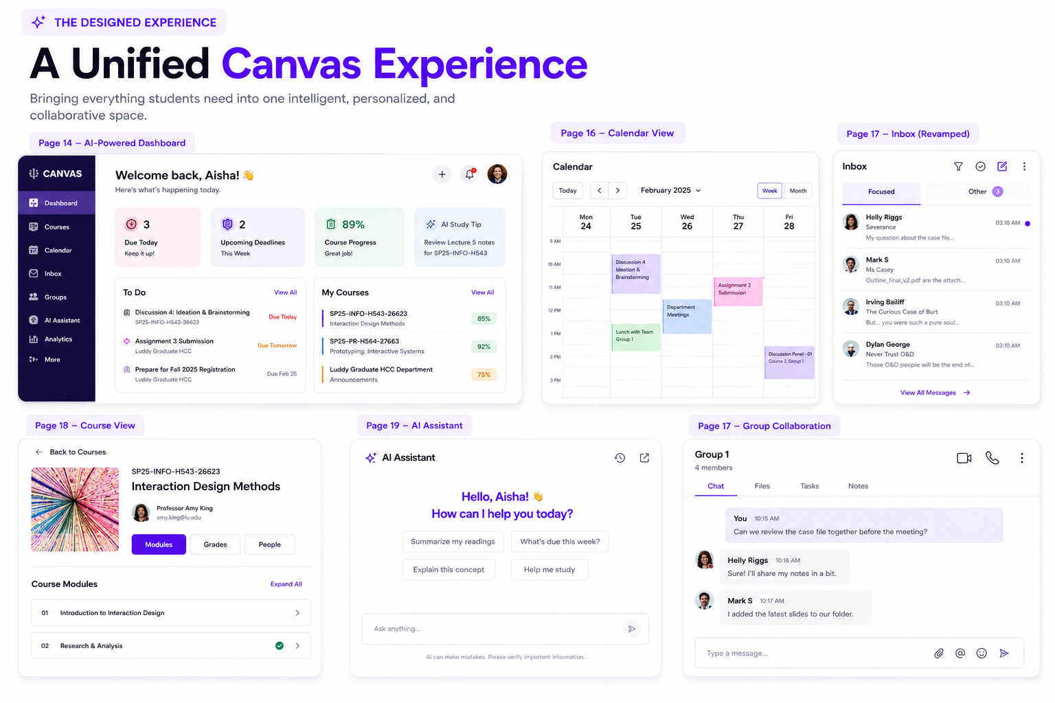 Final designed experience board with dashboard, calendar, inbox, course page, AI assistant, and collaboration screens